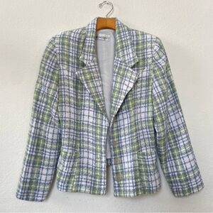 Women’s Plaid Hourglass Blazer Green Blue White Checkered, Pockets sz S